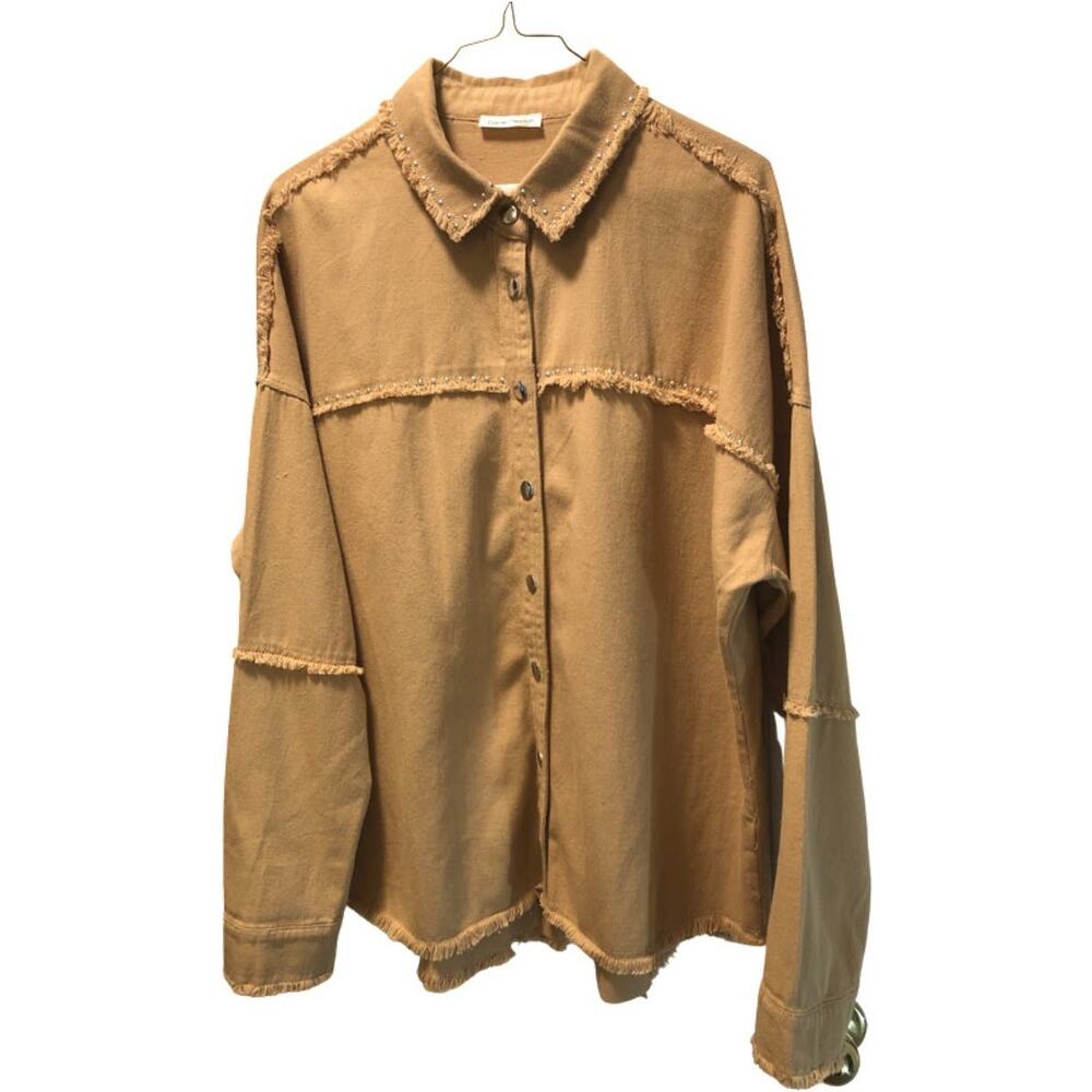 Carole Christian, Women's Snap front long sleeve top Fringe Studs Size L, Tan